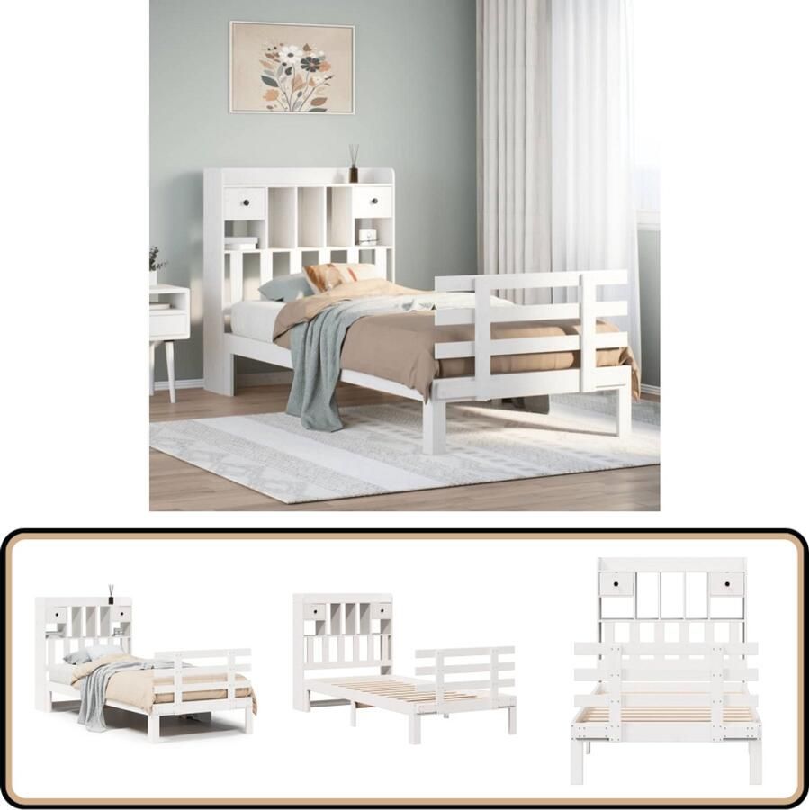 VidaXL Bed met boekenkast zonder matras grenenhout wit 90x190 cm