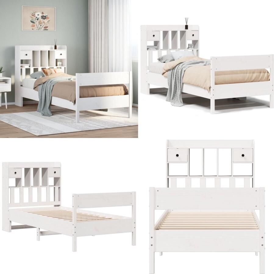 VidaXL Bed met boekenkast zonder matras grenenhout wit 90x200 cm Boekenkastbed Boekenkastbedden Bed Eenpersoonsbed