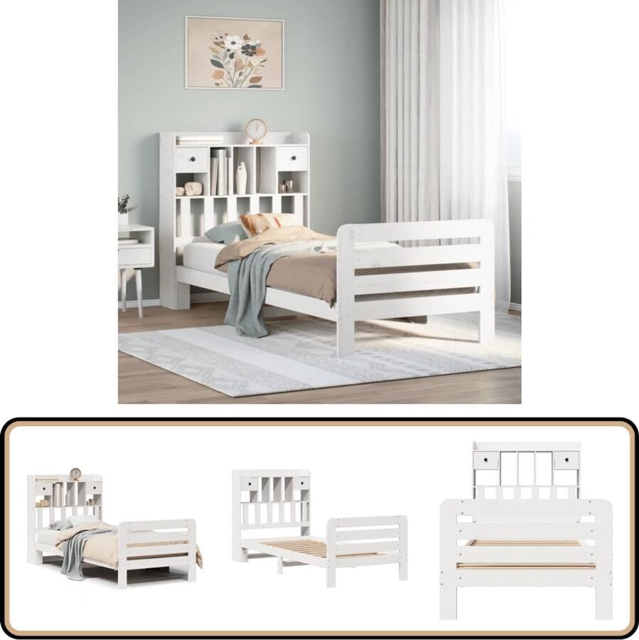 VidaXL Bed met boekenkast zonder matras grenenhout wit 90x200 cm