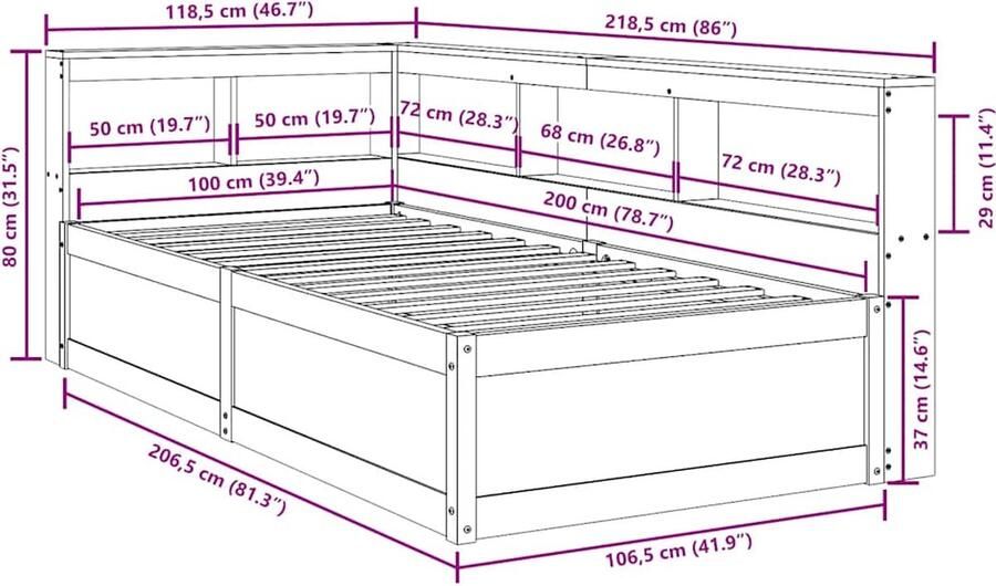 VidaXL Bed met boekenkast zonder matras massief grenenhout 100x200 cm