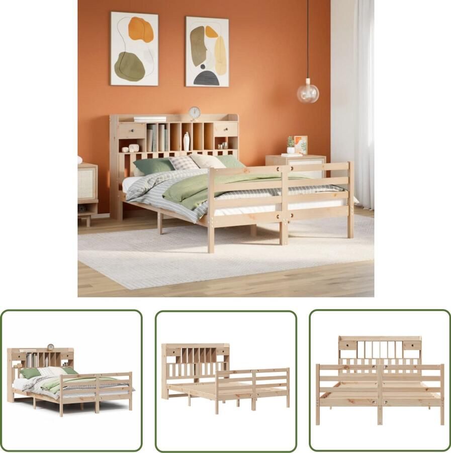 VidaXL Bed met boekenkast zonder matras massief grenenhout 150x200 cm Boekenkastenbed Houten Bed Met Lade Tweepersoonsbed Kingsize Bed