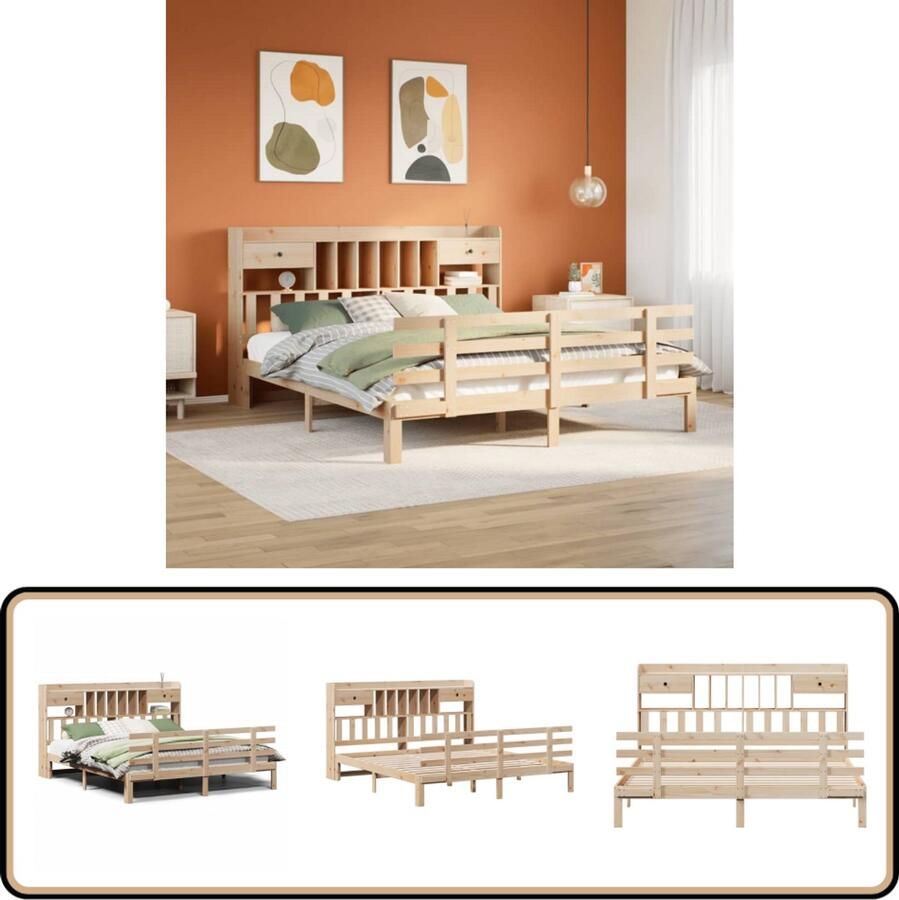 VidaXL Bed met boekenkast zonder matras massief grenenhout 180x200 cm