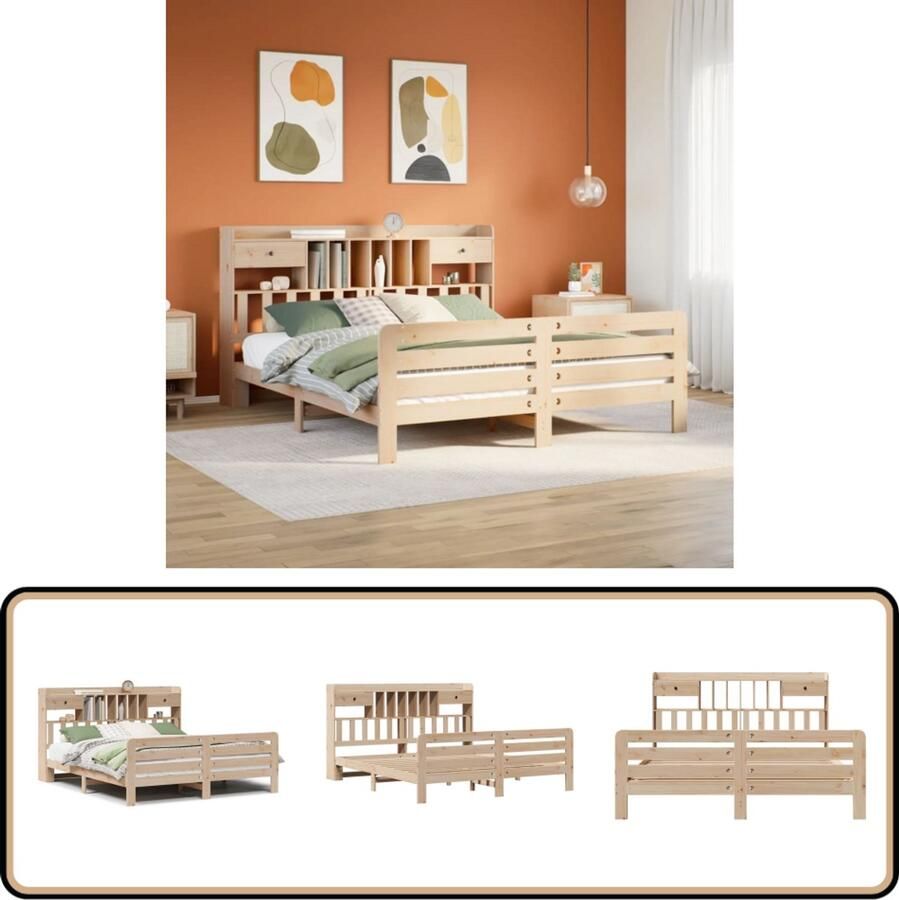 VidaXL Bed met boekenkast zonder matras massief grenenhout 180x200 cm