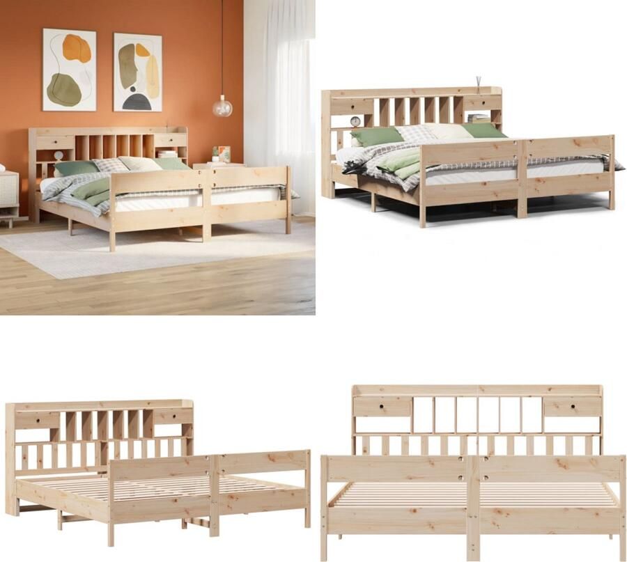 VidaXL Bed met boekenkast zonder matras massief grenenhout 200x200 cm Boekenkastbed Boekenkastbedden Bed Tweepersoonsbed