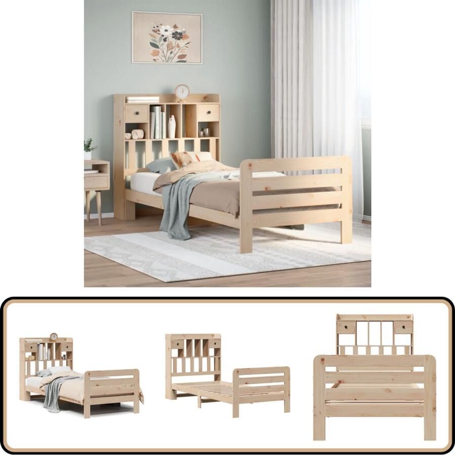 VidaXL Bed met boekenkast zonder matras massief grenenhout 90x190 cm