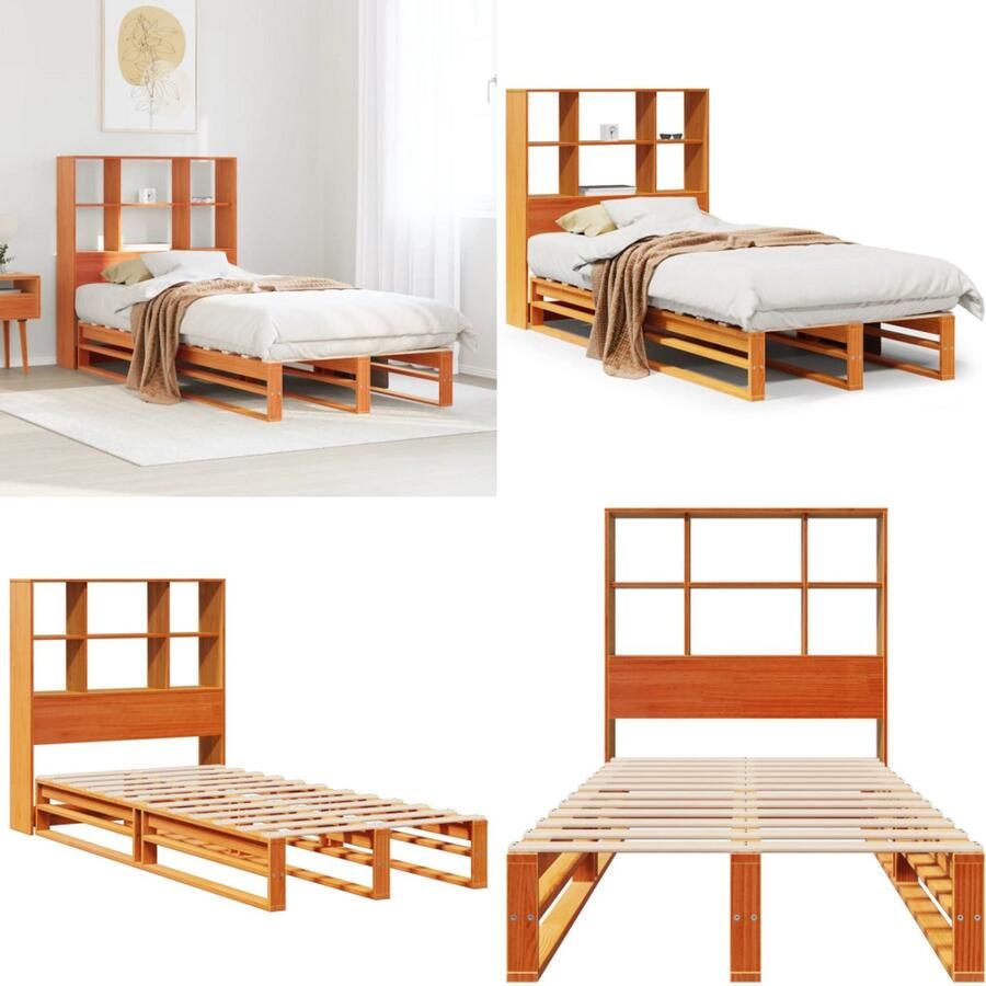 VidaXL Bed met boekenkast zonder matras massief hout wasbruin 90x200cm Bed Met Boekenkast Bedden Met Boekenkast Bed Eenpersoonsbed