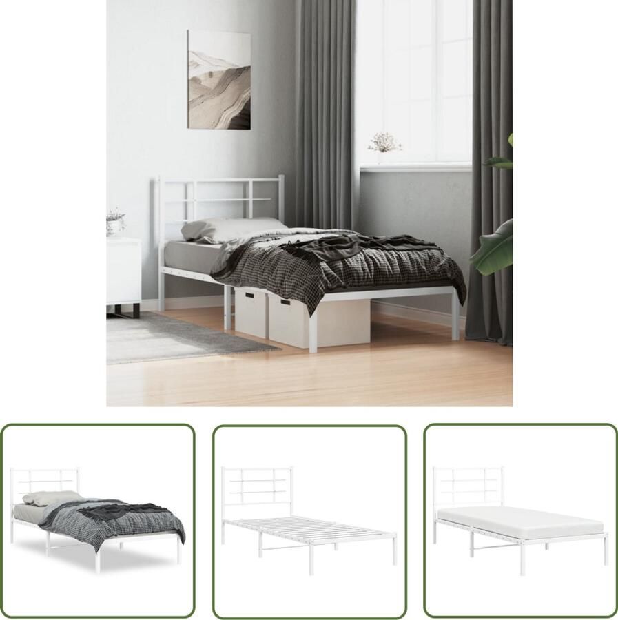 VidaXL Bedframe met hoofdbord metaal wit 90x200 cm Metalen Bedframe Bed Met Hoofdbord Bed 90x200 Wit Bedframe Staal Bedframe