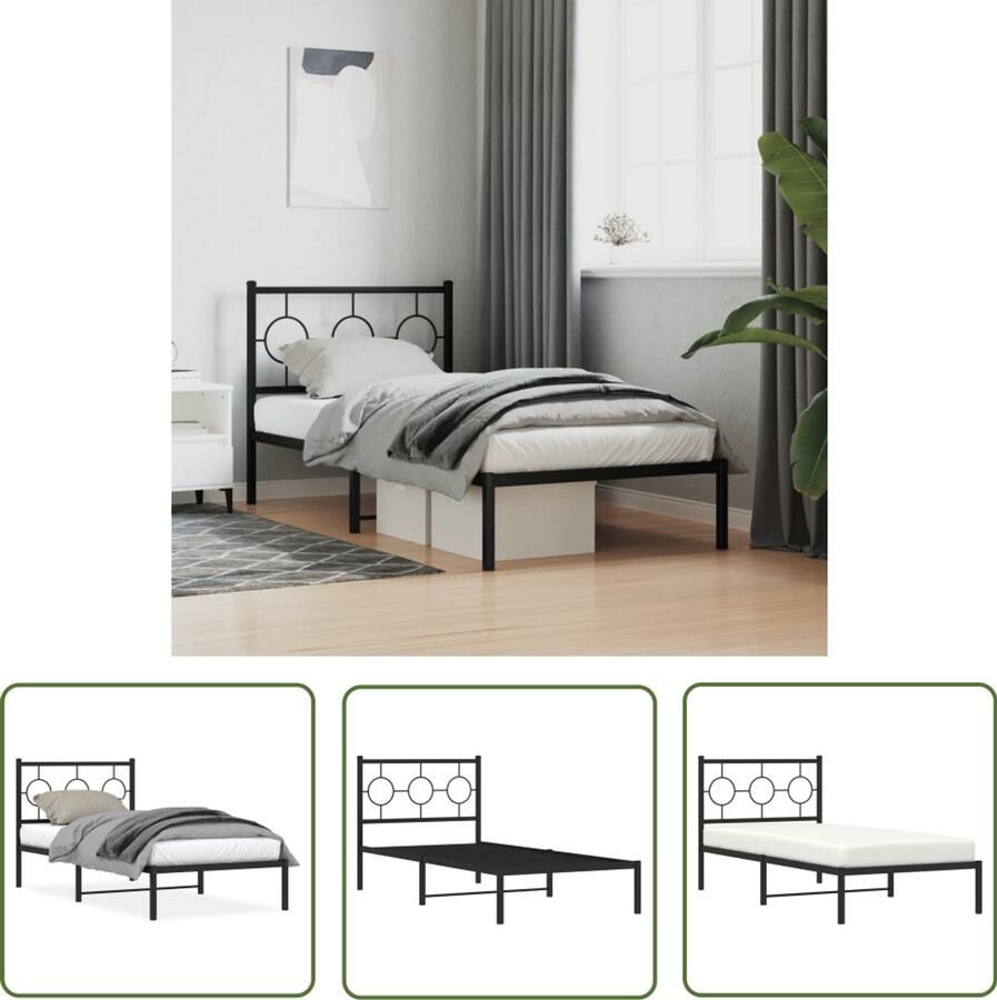 VidaXL Bed Met Hoofdbord Staal Bedframe met hoofdbord metaal zwart 90x190 cm Zwart Bedframe King Size Bed Tweepersoonsbed