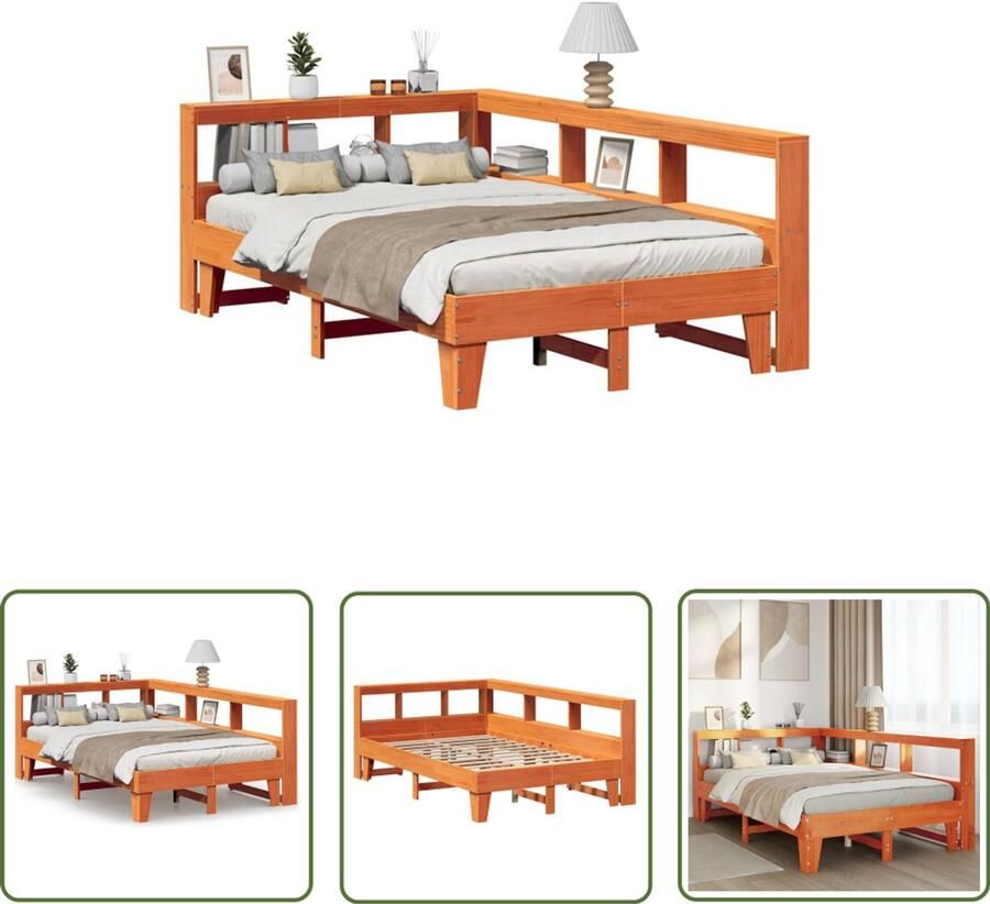 VidaXL Bed Met Kast Slaapbank Bed met boekenkast zonder matras grenenhout wasbruin 135x190 cm Houten Bed Massief Hout Bed Boekenkastbed