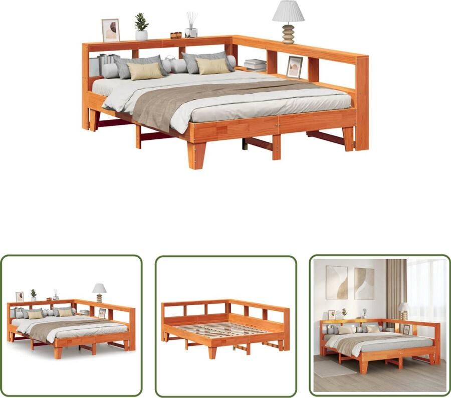VidaXL Bed met boekenkast zonder matras grenenhout wasbruin 150x200 cm Slaapbank Bed Met Kast Houten Bed Boekenkast Bed Tweepersoonsbed