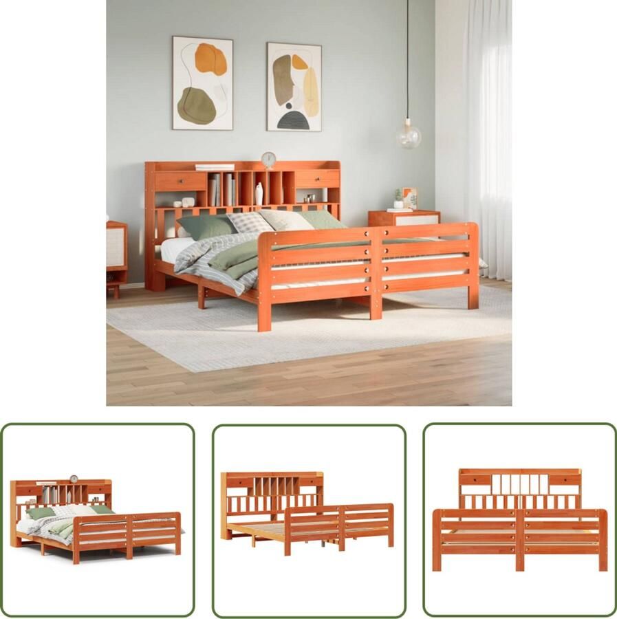 VidaXL Bed Met Kast Slaapcomfort Bed met boekenkast zonder matras grenenhout wasbruin 180x200 cm Houten Bed Boekenkast Bed Tweepersoonsbed