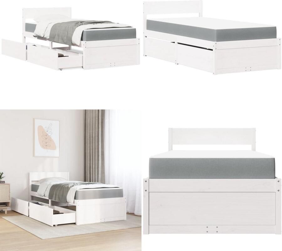 VidaXL Bed met lades en matras massief grenenhout wit 90x190 cm Bed Bedden Bedframe Bedbodem