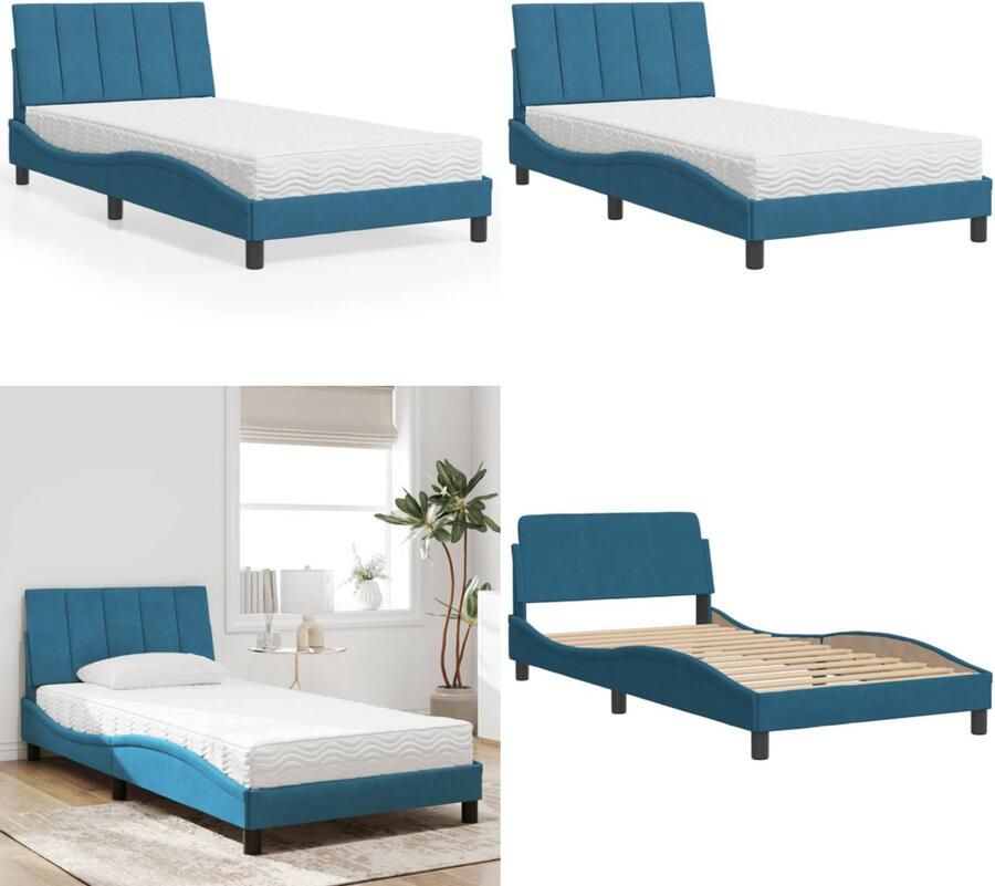 VidaXL Bed met matras fluweel blauw 100x200 cm Bed Bedden Bedframe Bedbodem