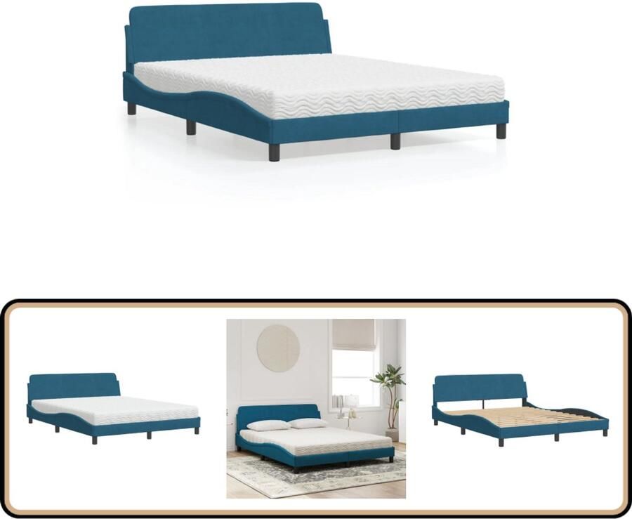 VidaXL Fluweel Bed Comfortabel Bed met matras Dover fluweel blauw 160x200 cm Blauwdruk Bed Tweepersoonsbed Boxspring Bed