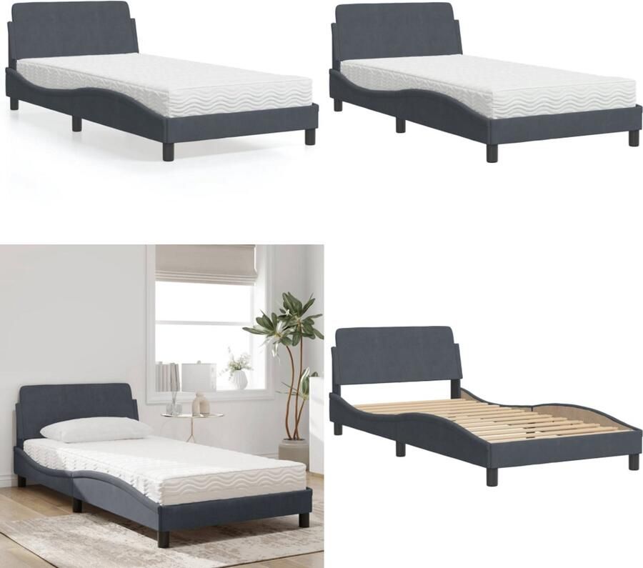 VidaXL Bed met matras fluweel donkergrijs 100x200 cm Bed Bedden Bedframe Bedbodem