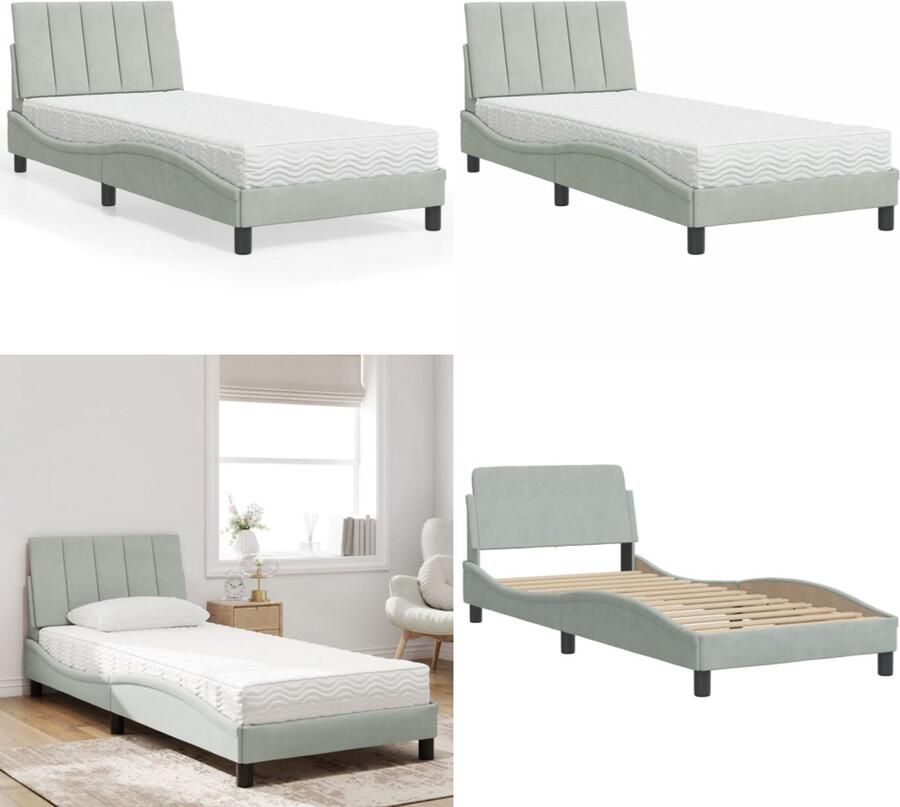 VidaXL Bed met matras fluweel lichtgrijs 90x190 cm Bed Bedden Bedframe Bedbodem