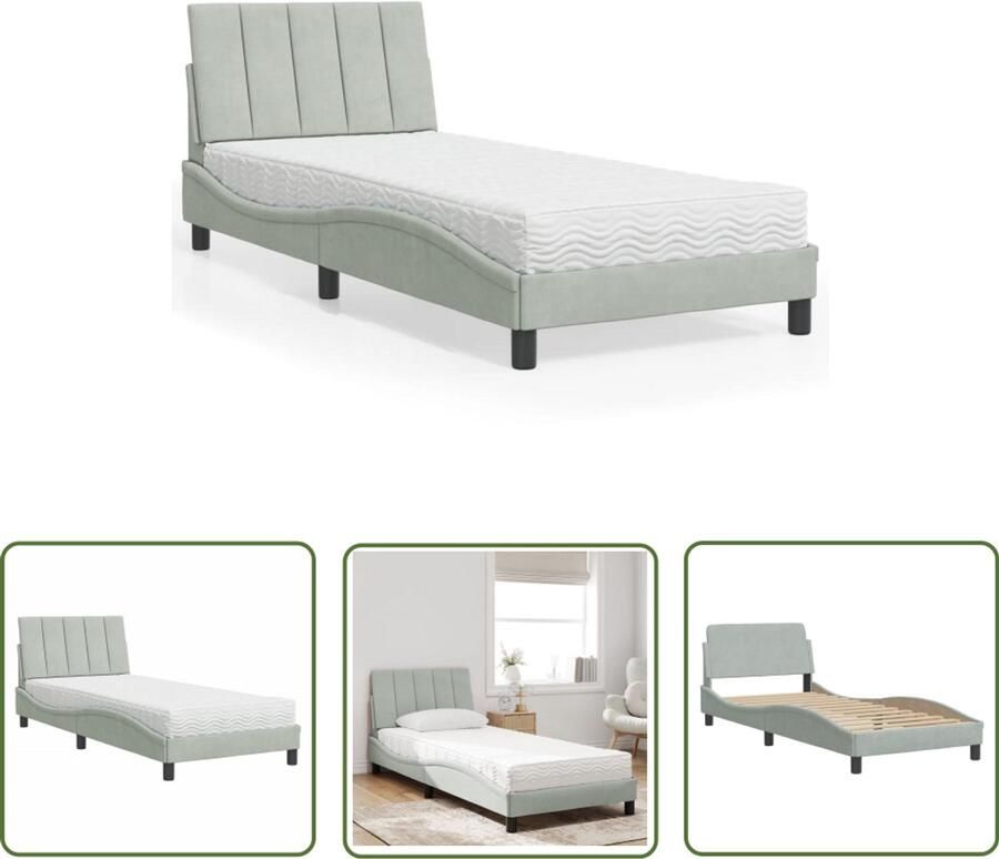 VidaXL Bed met matras fluweel lichtgrijs 90x190cm Slaapcomfort Tweepersoonsslaapkamer Boxspring Velvet Bed Grijs Bed Design Bed Modern Bed Hoofdbord