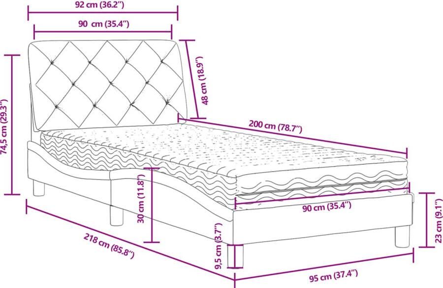 Vida XL Bed met matras fluweel zwart 90x200 cm SKU: V3208636