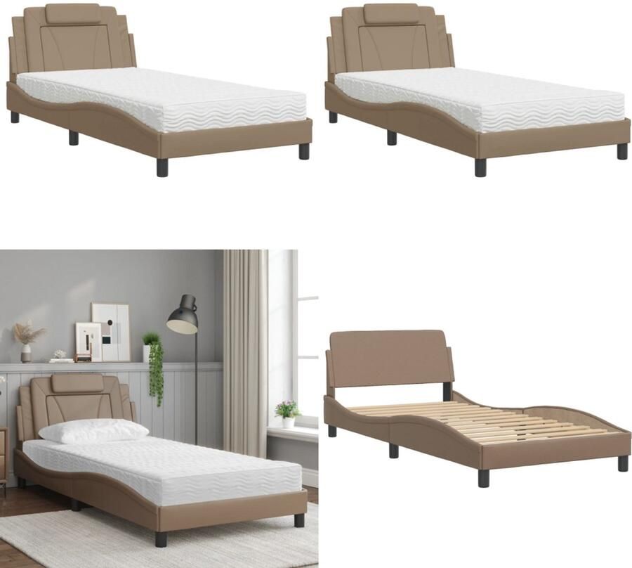 VidaXL Bed met matras kunstleer cappuccinokleurig 100x200 cm Bed Bedden Bedframe Bedbodem