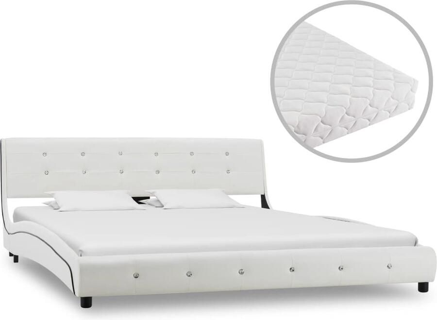 VidaXL Bed met matras Kunstleer Wit 160x200 cm Klassieke Bedframe Houten Bedframe Metalen Bedframe Wit Bedframe Tweepersoons Bed Boxspring Bed Slaapcomfort Luxe Bed Bedroom Decor - Foto 2