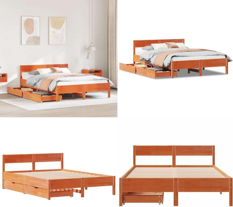 VidaXL Bed met matras massief grenenhout wasbruin 140x190 cm Bedframe Bedframes Bed Bedbodem