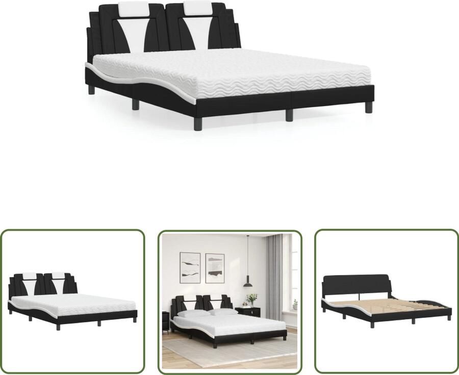 VidaXL Bed Met Matras Slaapcomfort Bed Viana met matras kunstleer zwart en wit 160x200 cm Boxspring Tweepersoonsbed King Size Bed