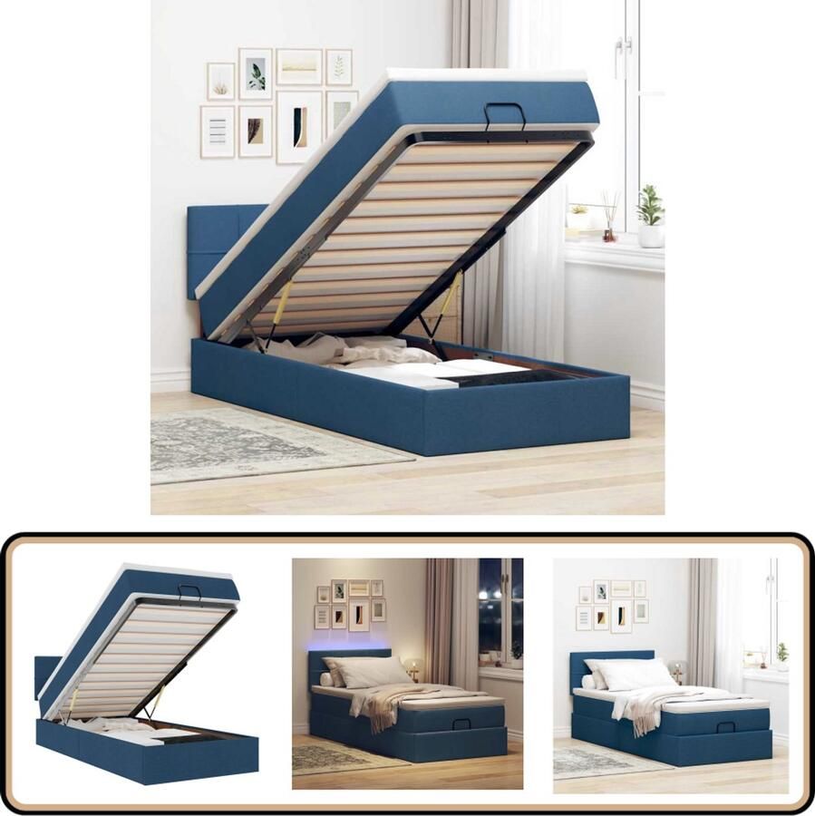 VidaXL Bed poef met matras en LED's 100x200 cm stof blauw