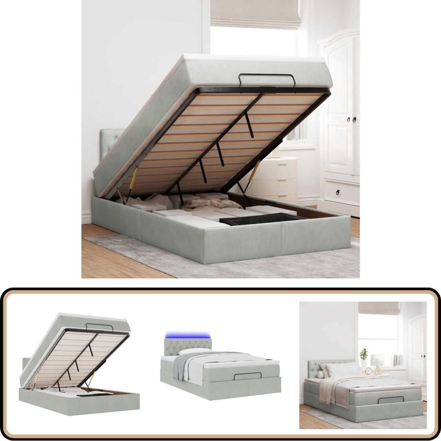 VidaXL Bed poef met matras en LED's 120x190 cm fluweel lichtgrijs