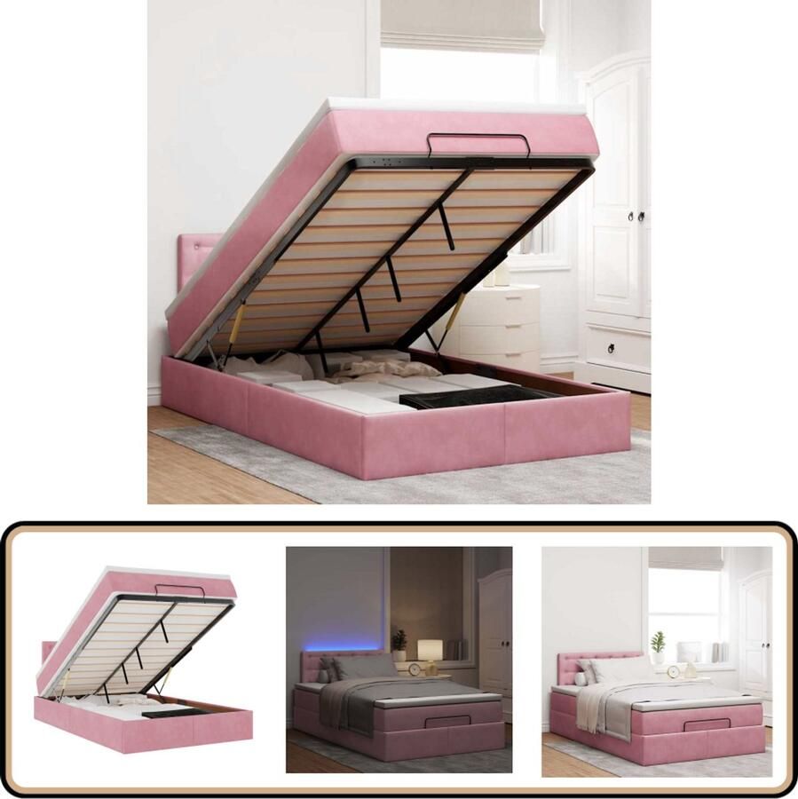 VidaXL Bed poef met matras en LED's 120x190 cm fluweel roze