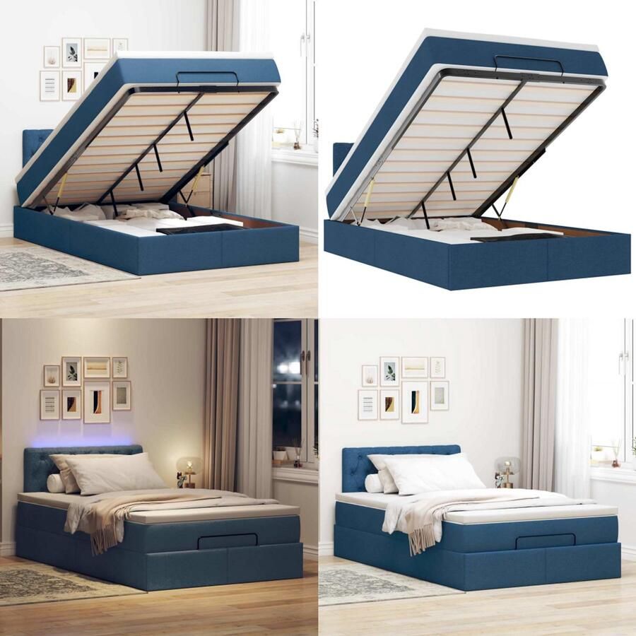 VidaXL Bed poef met matras en LED's 120x190 cm stof blauw Ottomaanse Bed Ottomaanse Bedden Bedframe Met Opbergruimte