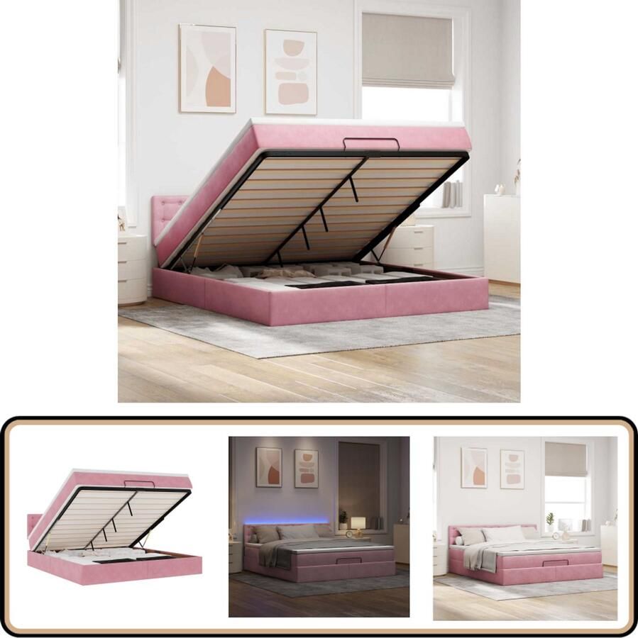 VidaXL Bed poef met matras en LED's 180x200 cm fluweel roze