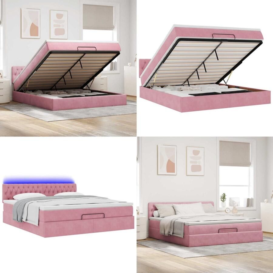 VidaXL Bed poef met matras en LED's 180x200 cm fluweel roze Ottomaanse Bed Ottomaanse Bedden Bedframe Met Opbergruimte