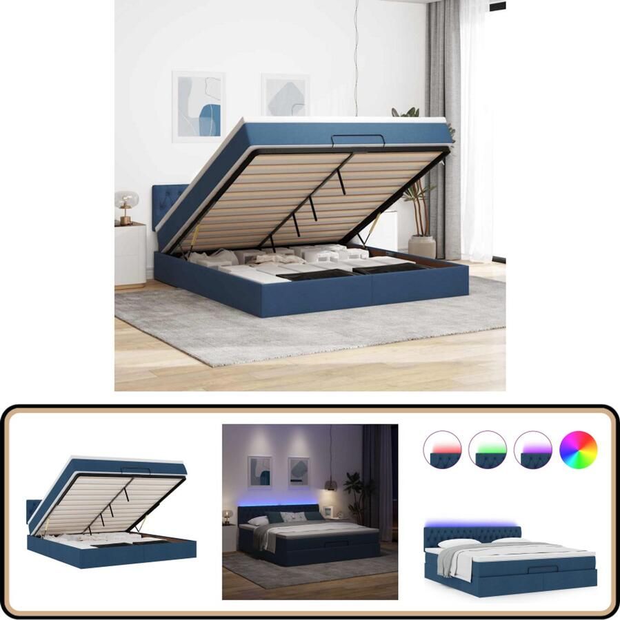 VidaXL Ottoman bed met matras en LED's 180x200cm stof blauw - Foto 3