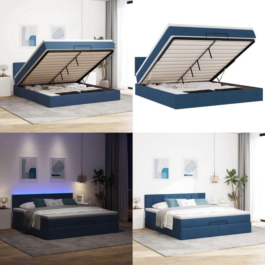 VidaXL Bed poef met matras en LED's 180x200 cm stof blauw Ottomaanse Bed Ottomaanse Bedden Bedframe Met Opbergruimte