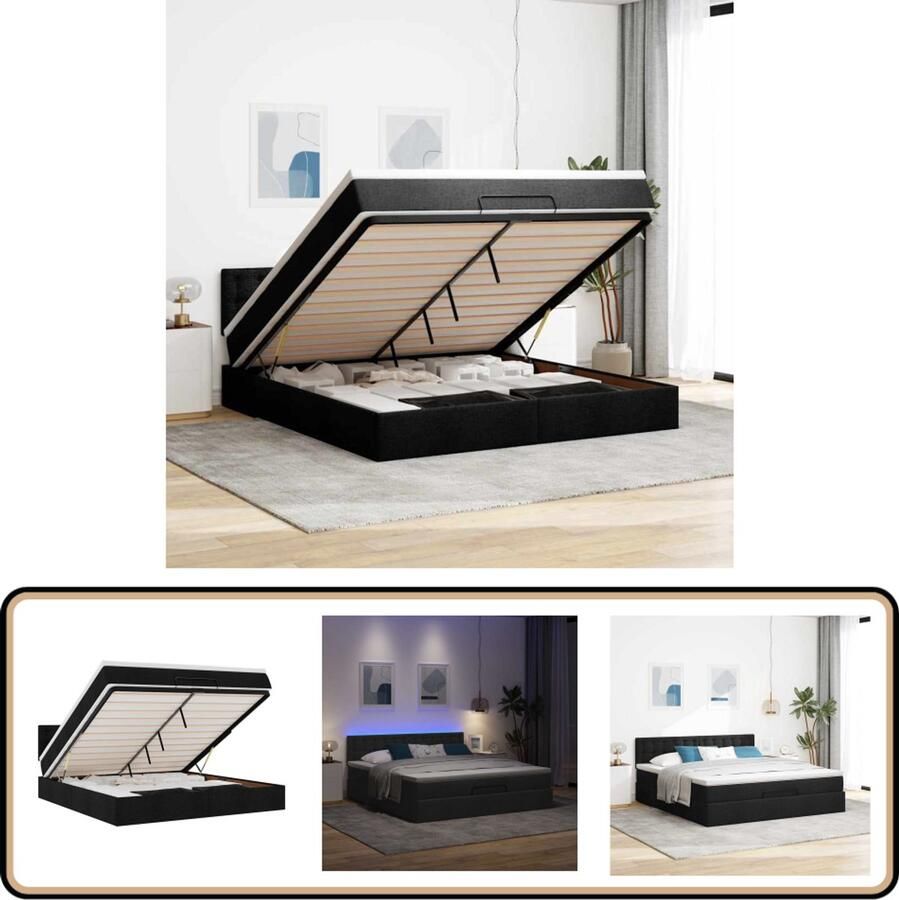 VidaXL Ottoman bed met matras en LED's 180x200cm stof zwart