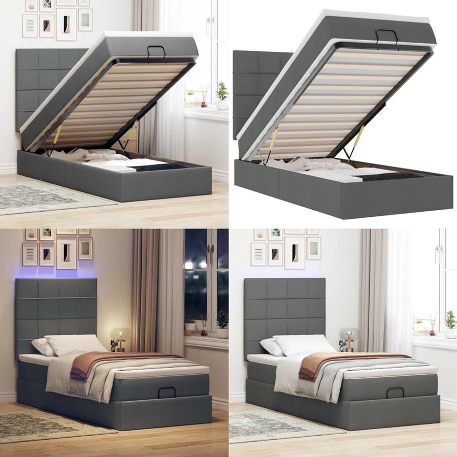 VidaXL Bed poef met matras en LED's 90x200 cm stof donkergrijs Ottomaanse Bed Ottomaanse Bedden Bedframe Met Opbergruimte
