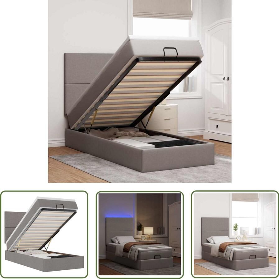VidaXL Bed poef met matras en LED's 90x200 cm stof taupe Bedpoef Slaapbank Boxspring Tweepersoonsbed Stapelbaar Bed
