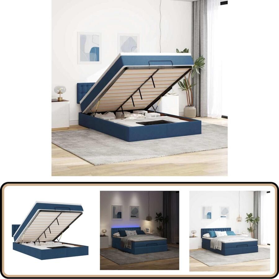 VidaXL Ottoman bed met matras en LED's 140x190 cm stof blauw