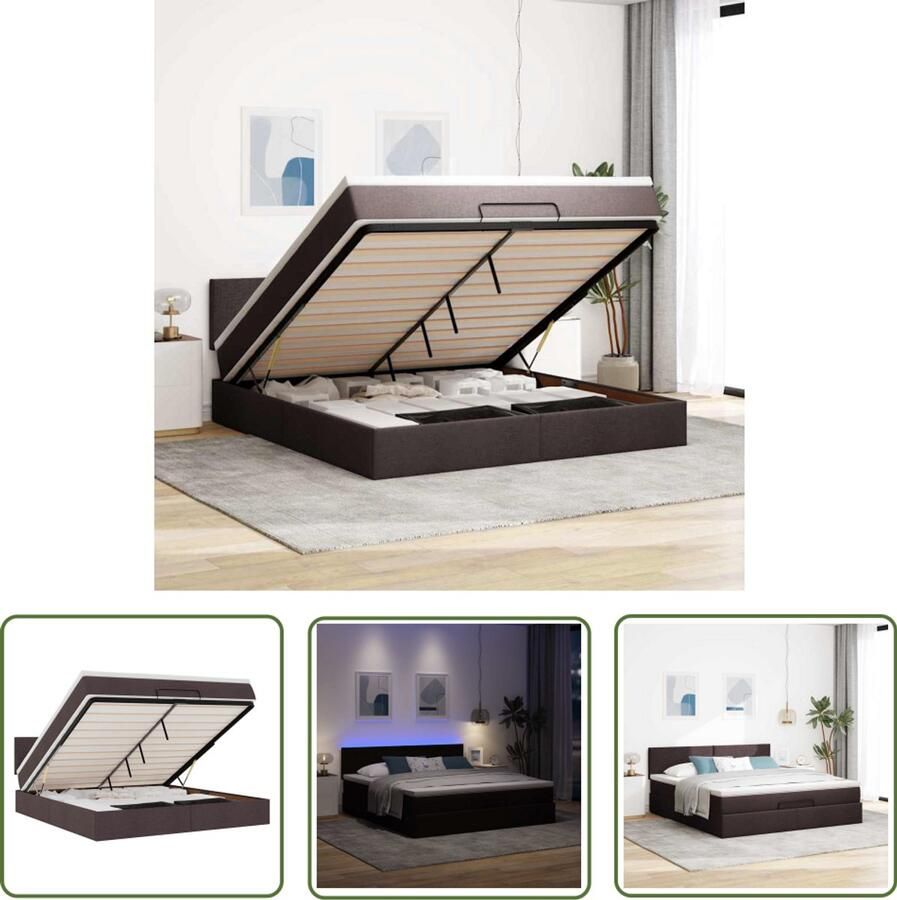VidaXL Bed poef met matras en LED's stof 180x200 cm donkerbruin Bedpoef Boxspring Tweepersoonsbed Slaapbank Ottoman Bed