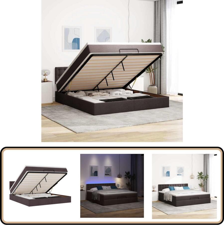 VidaXL Ottoman bed met matras en LED's 180x200cm stof donkerbruin - Foto 3