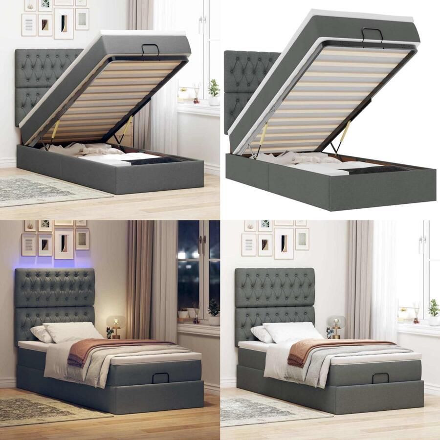 VidaXL Bed poef met matras en LED's stof 80x200 cm donkergrijs Ottomaanse Bed Ottomaanse Bedden Bedframe Met Opbergruimte