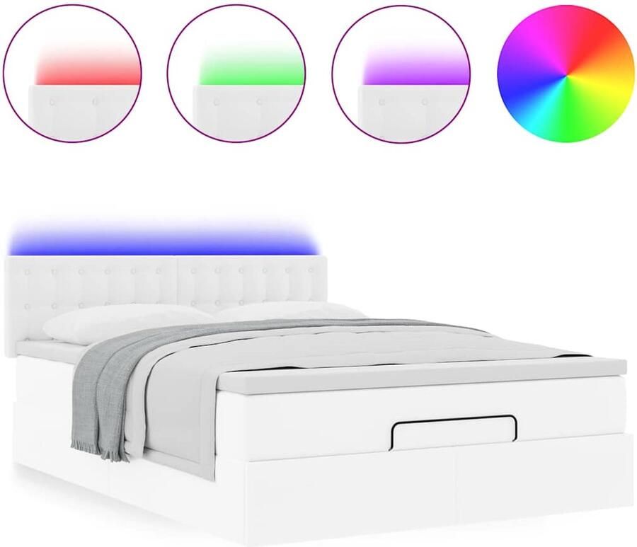 VidaXL Bed poef met matrassen en LED's 140x200cm kunstleer zuiver wit - Foto 2