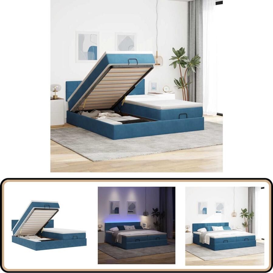 VidaXL Bed poef met matrassen en leds 200x200 cm fluweel donkerblauw