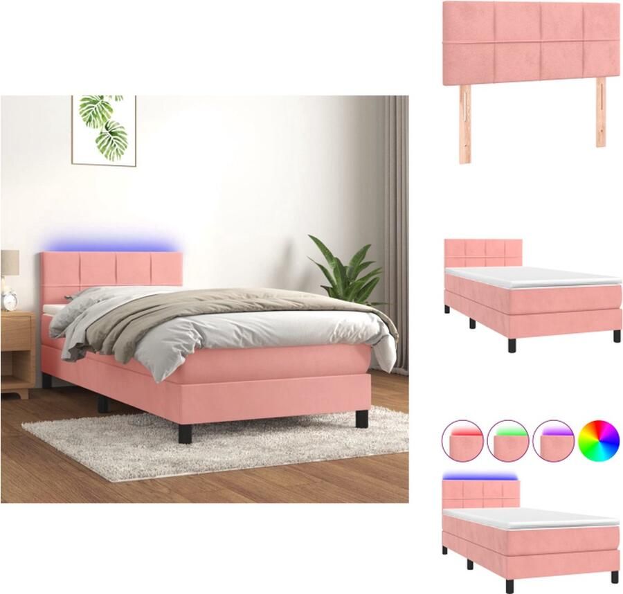 VidaXL Boxspring Roze fluweel bed met LED 203x80x78 88 cm Pocketvering matras 80x200x20 cm Huidvriendelijk topmatras 80x200x5 cm Inclusief LED-strip Bed - Foto 3