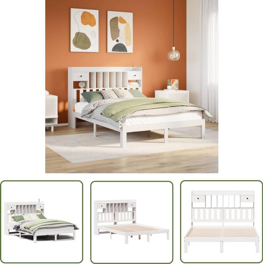 VidaXL Bed Slaapkamer Bed met boekenkast zonder matras grenenhout wit 135x190 cm Houten Bed Boekenkast Tweepersoonsbed