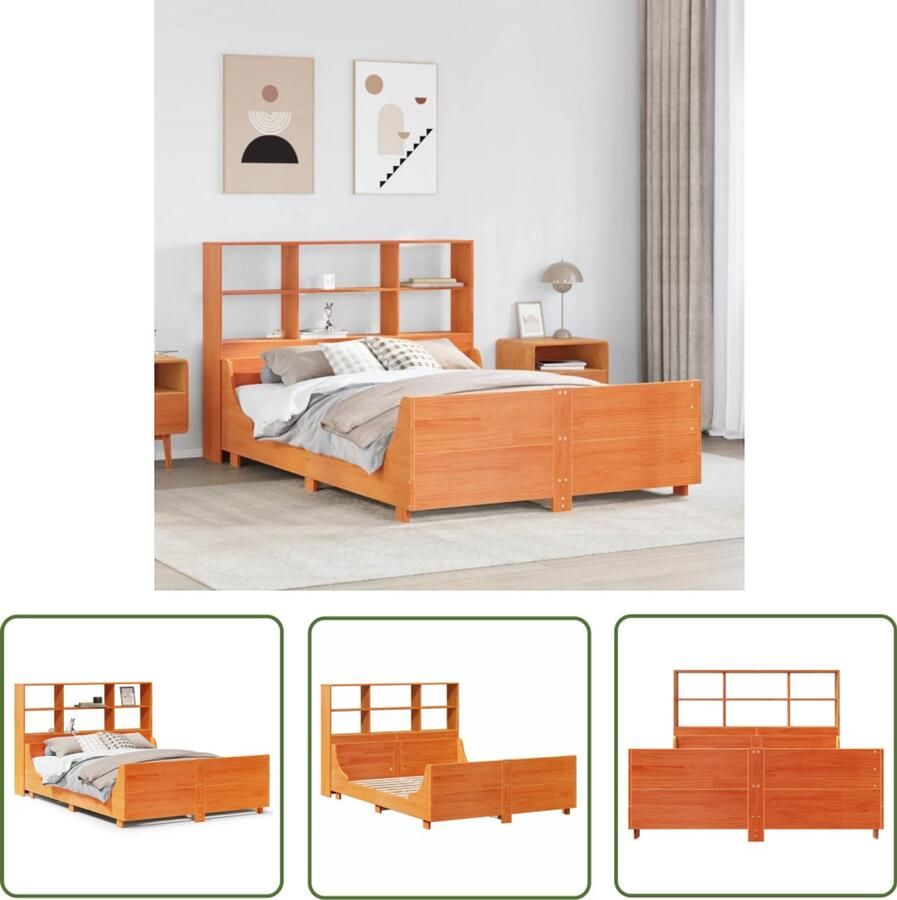 VidaXL Bed Slaapkamers Bed met boekenkast zonder matras hout wasbruin 140x200 cm Houten Bed Boekenkast Bed Massief Grenenhout