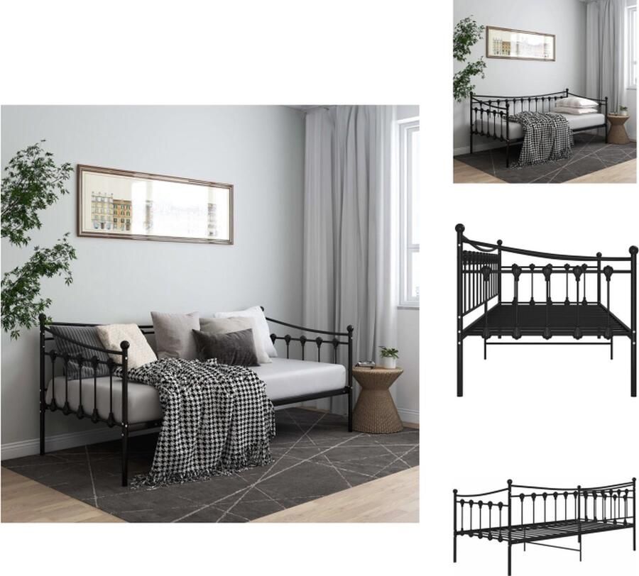 VidaXL Slaapbank Zwart Gepoedercoat metaal 206 x 95 x 91.5 cm Inclusief zijplank Matrassen niet inbegrepen Bed