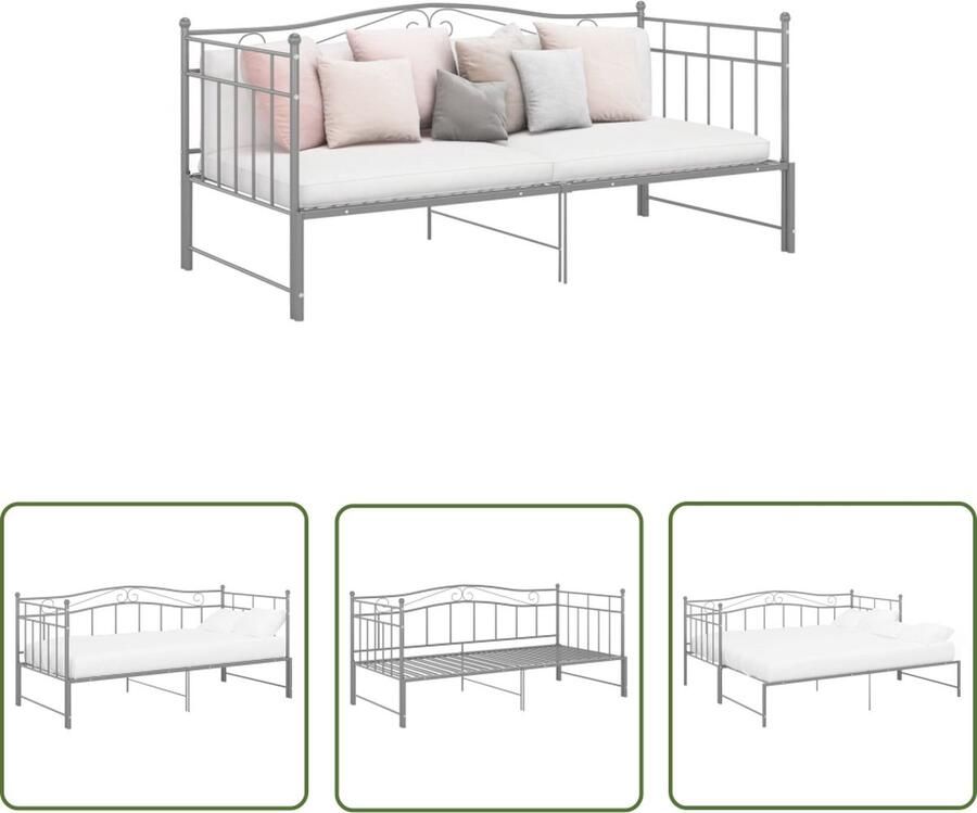 The Living Store Bedbank Grijs 206.5 x 185 x 89.5 cm Geschikt voor matras 90 x 200 cm Met zijplank Stevige metalen constructie Slaapbank Bedbank Metalen Bedframe Stapelbaar Bed Daybed