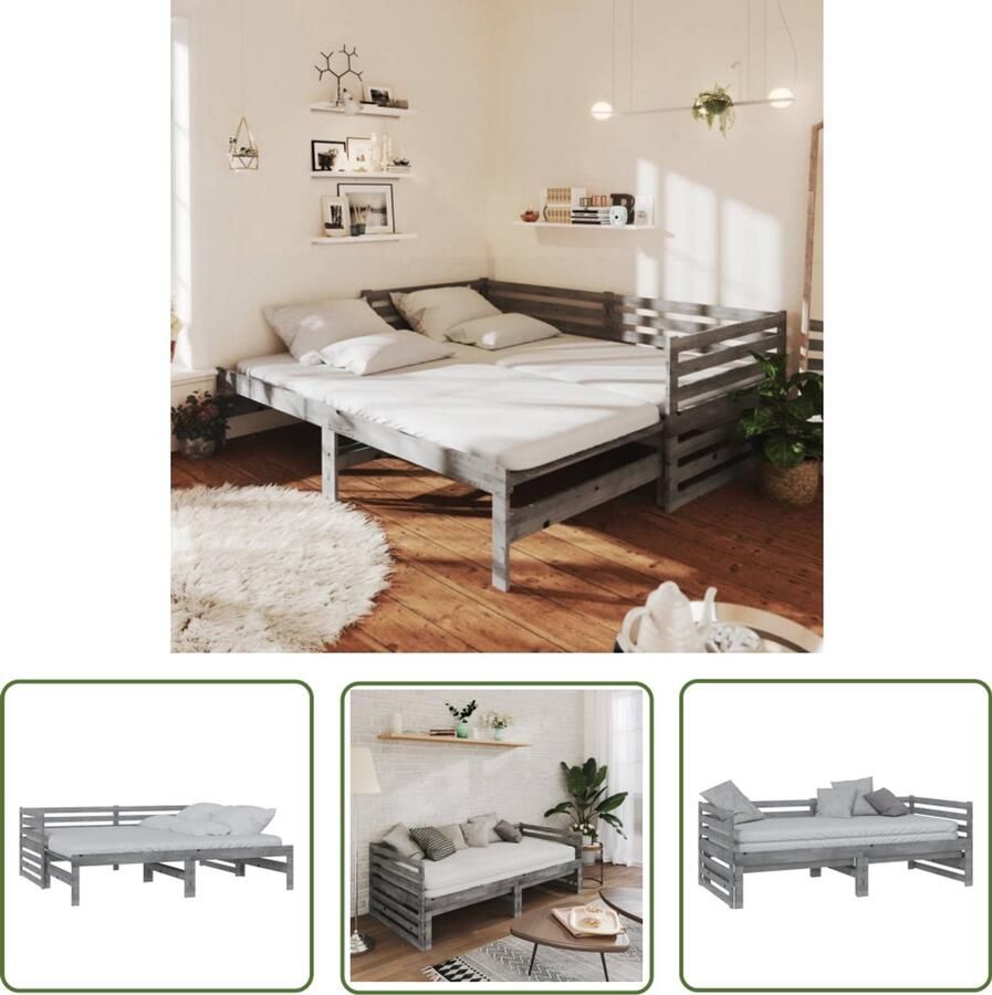 VidaXL Bedbank Uitschuifbaar Massief Grenenhout Grijs Slaapbank Bedbank Logeerbed Grenenhouten Meubels Grijs Meubilair Multifunctioneel Meubilair Kleine Woonkamer