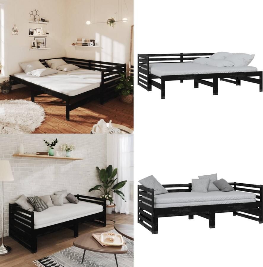 VidaXL Bedbank uitschuifbaar massief grenenhout zwart 2x(90x200) cm Bedbank Bedbanken Bed Bank Bed Banken